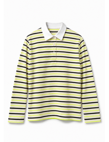 Kadın Sarı Çizgili Uzun Kollu Polo Yaka T-Shirt