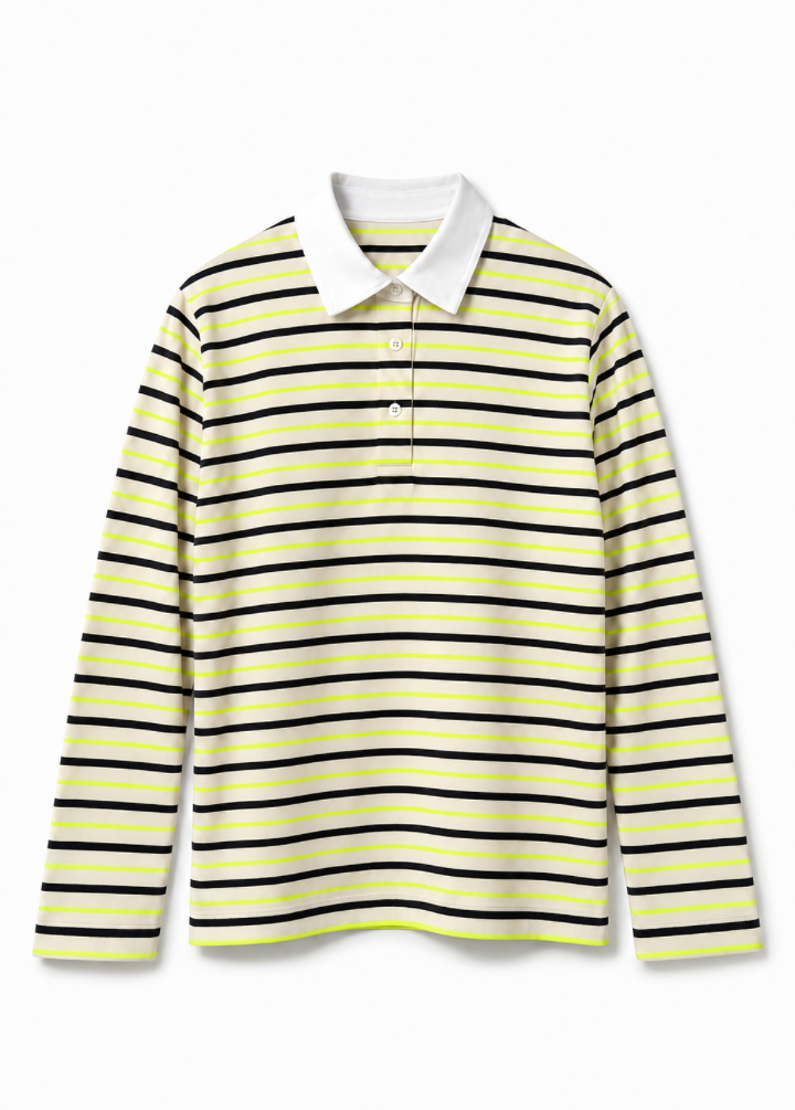Kadın Sarı Çizgili Uzun Kollu Polo Yaka T-Shirt