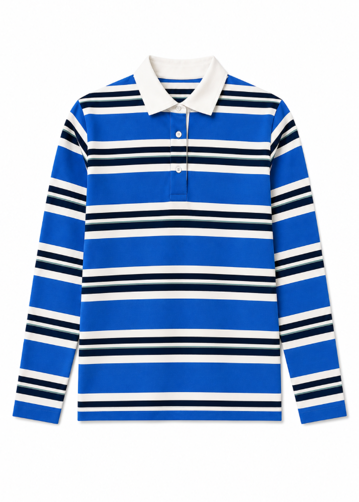 Kadın Çizgili Uzun Kollu Polo Yaka T-Shirt